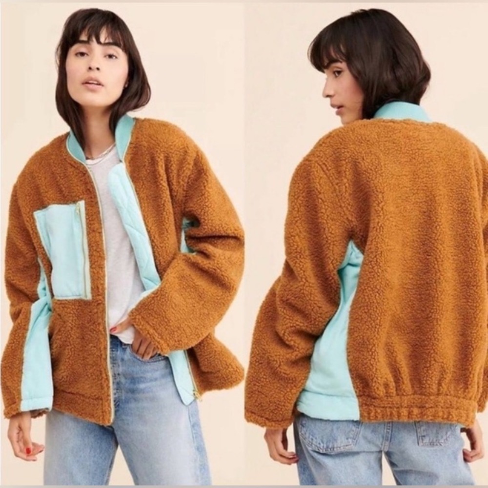 NEW Free People We The Free Rivington Sherpa Jacket Brown Blue Zip Up Sz L